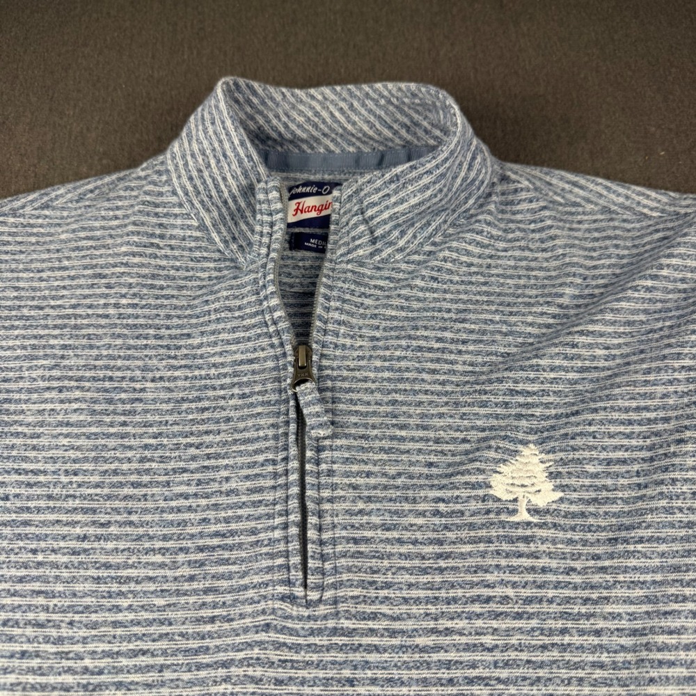 Johnnie-O Hangin Out Mens Medium Blue White Striped Quarter Zip Pullover Sweater